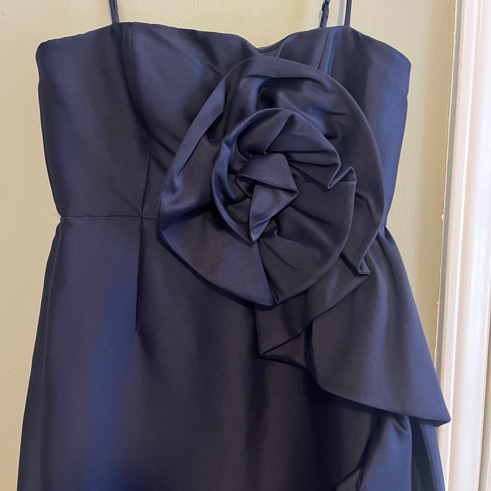 Strapless Navy Blue Floral Rosette Dress